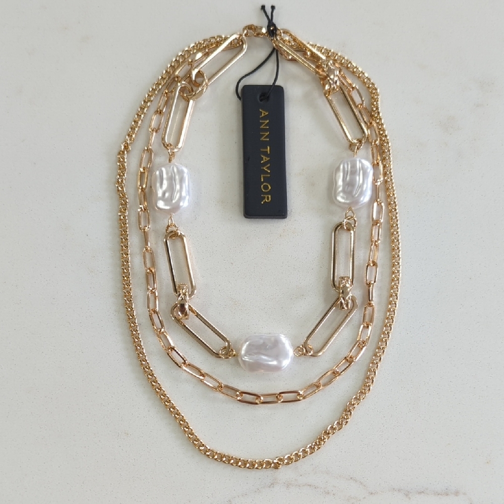 Ann Taylor Gold and Pearl Chain Link Triple Strand Necklace